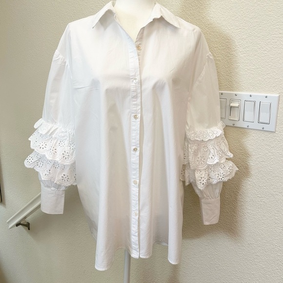 Zara Tops - ZARA White POPLIN SHIRT WITH CUTWORK EMBROIDERY 3/4 Sleeve Size XS Oversized